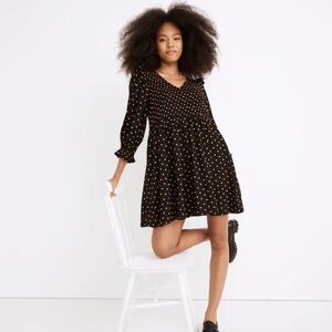 Madewell Black and tan polka dot Fit and Flare V neck Dress Size S
